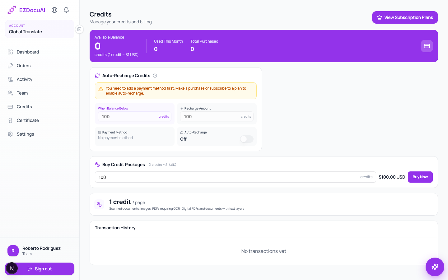 Credits, plans and billing
