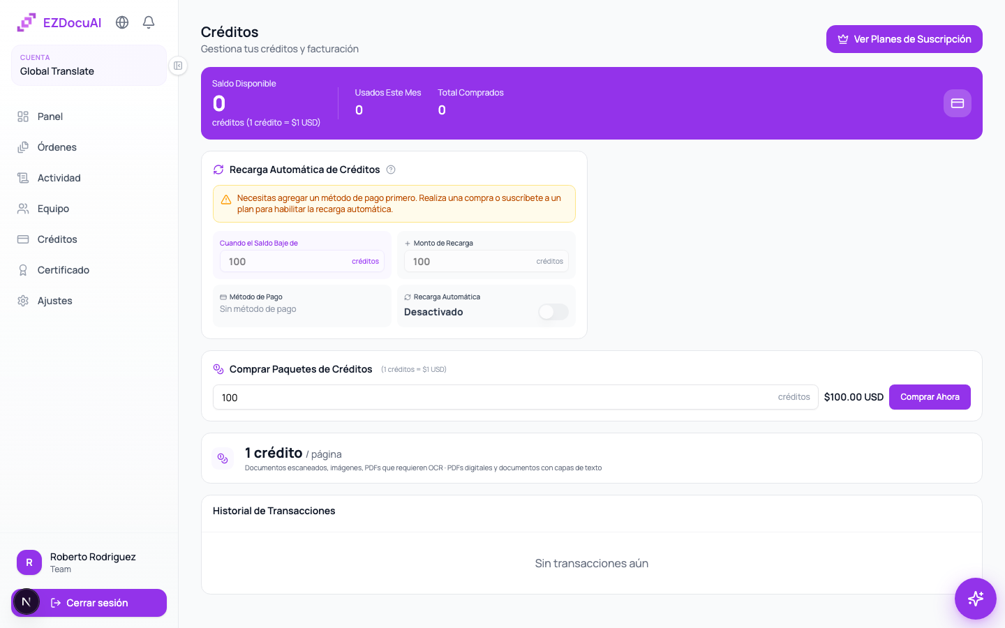 Créditos, planes y facturación