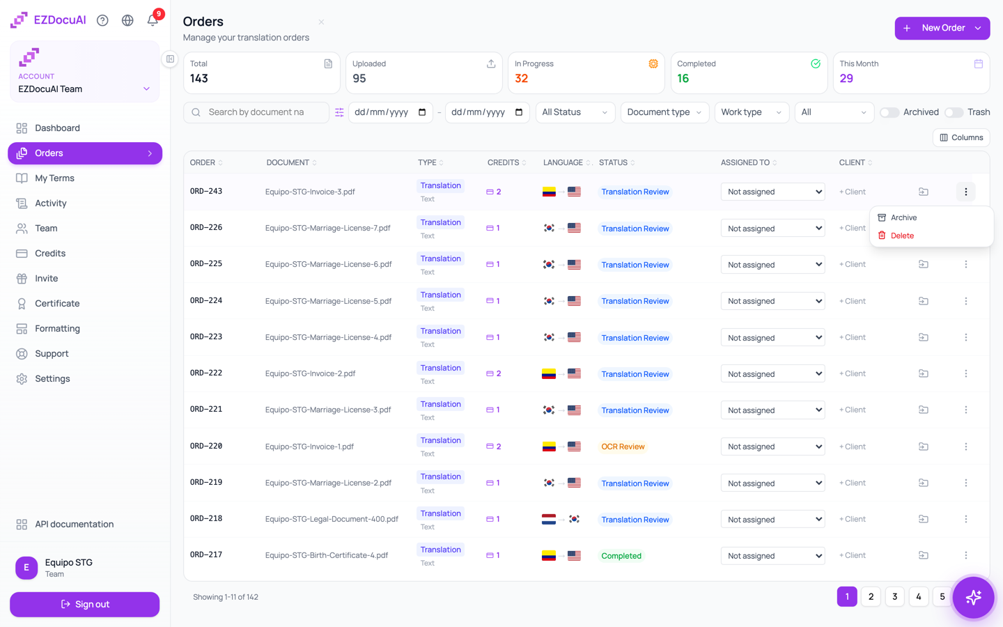 Orders list with an order's menu open: Archive and Delete