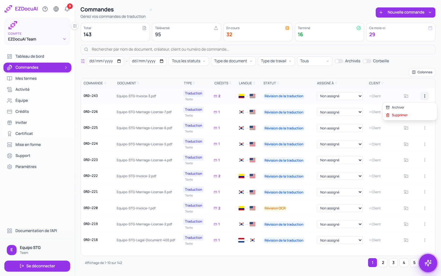 Liste des Commandes avec le menu d'une commande ouvert : Archiver et Supprimer